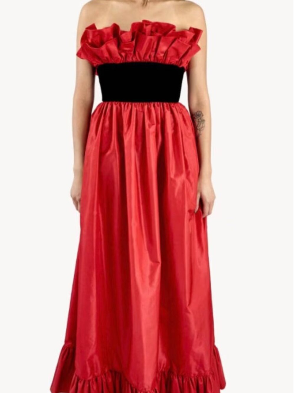 Victor Costa Rae Phillips Red Ruffle Velvet Waist Gown Vintage Formal Strapless